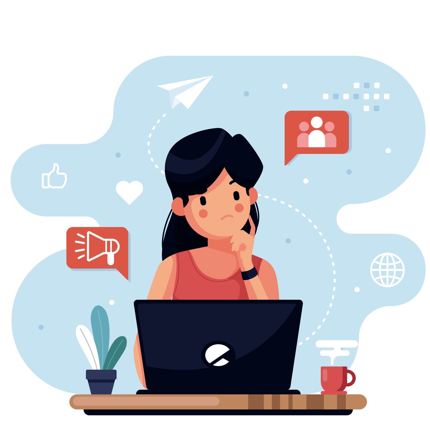 você precisa mesmo de backlinks ilustração de uma mulher pensativa trabalhando em seu laptop sob uma escrivaninha