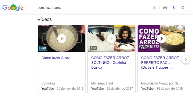 exemplo de featured snippet de vídeos em carrosel