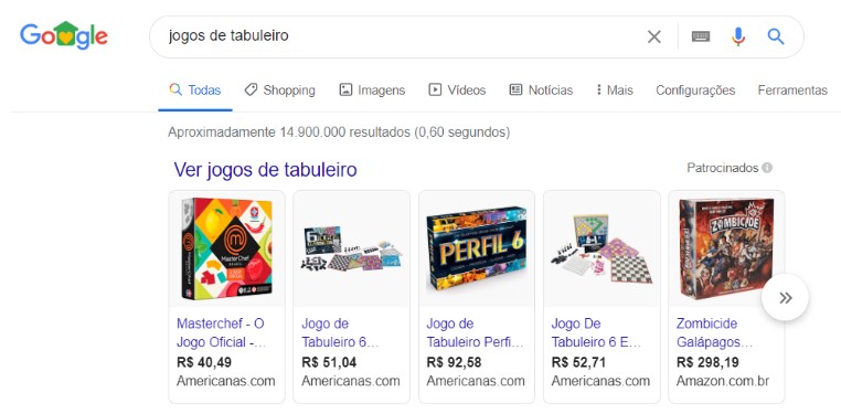 exemplo de featured snippet de produtos em carrosel