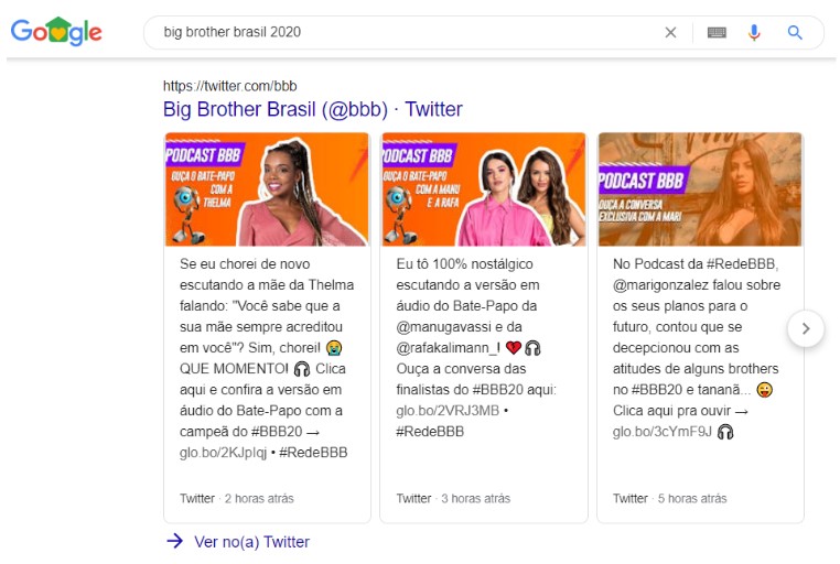 exemplo de featured snippet de tweets em carrosel