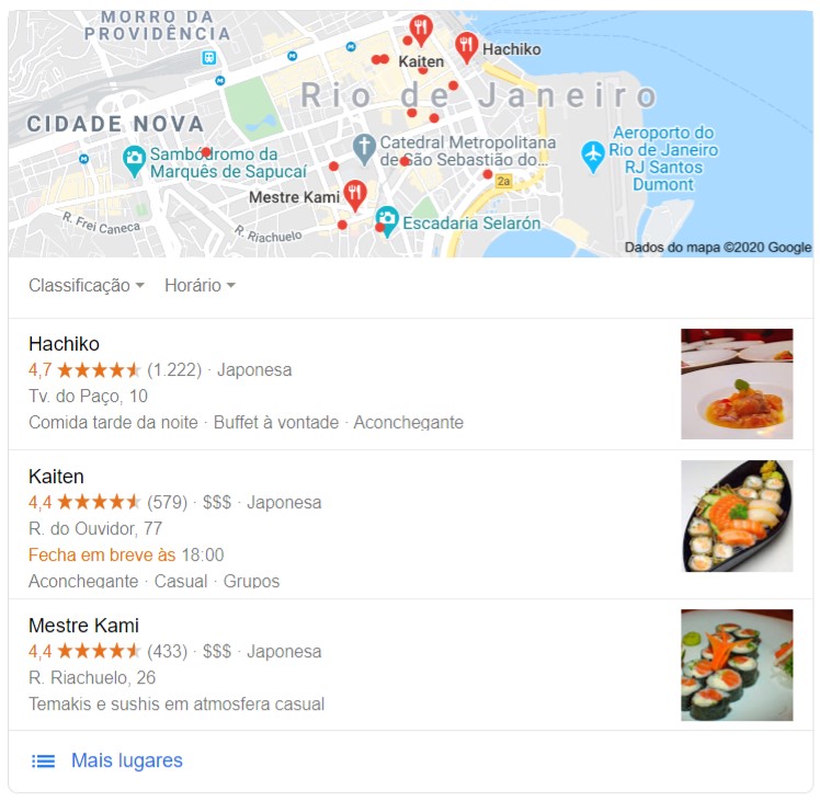 exemplo de featured snippet de mapa resultado da buscar por “restaurante japonês no Centro do Rio”