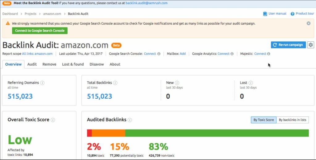 print da função Backlink Audit do SEMrush