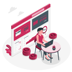 ilustração que representa uma mulher no computador envolvida com gastos