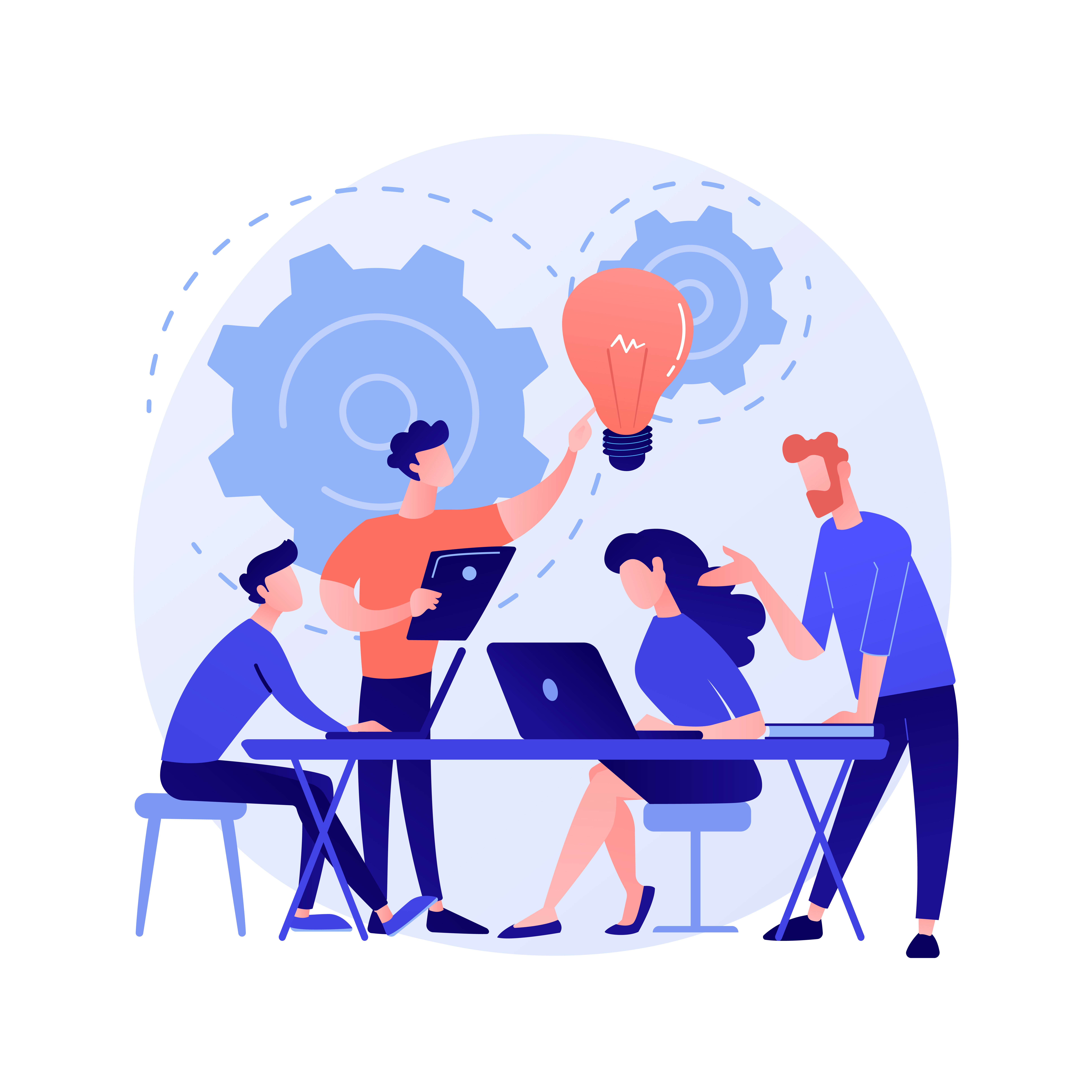 Corporate meeting. Employees cartoon characters discussing business strategy and planning further actions. Brainstorming, formal communication, seminar. Vector isolated concept metaphor illustration