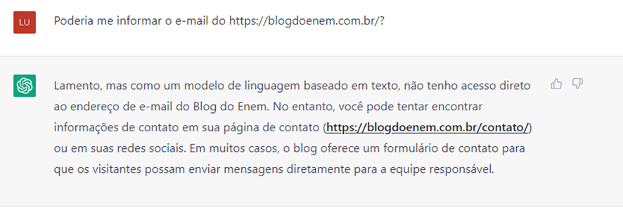 ChatGPT não encontrou o e-mail de um site específico (Imagem: Reprodução/ChatGPT)