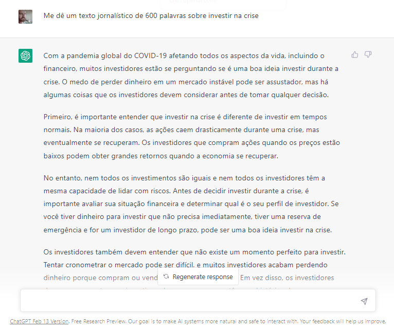 ChatGPT apresentou texto aquém da qualidade jornalística (Imagem: Reprodução/ChatGPT)