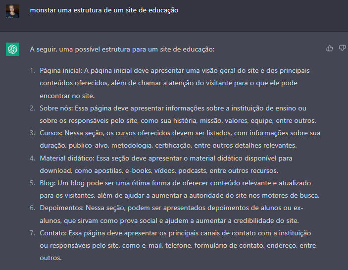 ChatGPT montou estrutura genérica para site de educação (Imagem: Reprodução/ChatGPT)