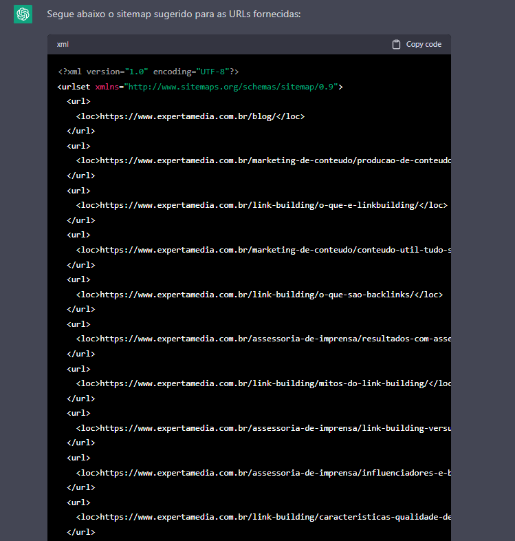 Inteligência artificial conseguiu criar um sitemap (Imagem: Reprodução/ChatGPT)