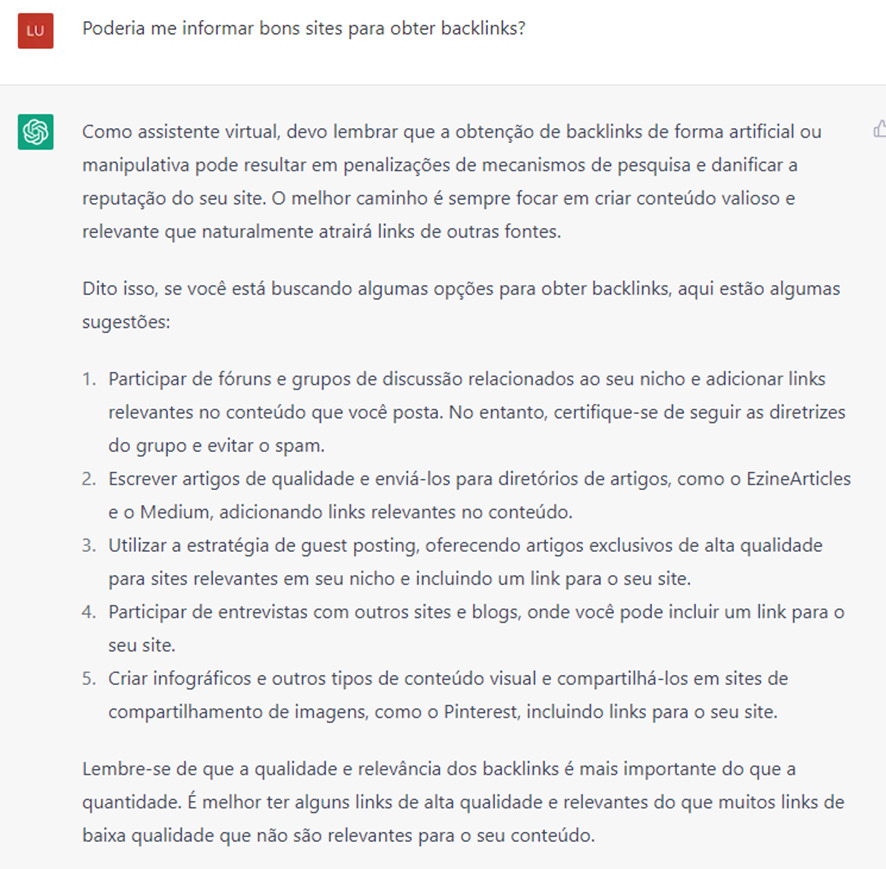 Resposta sobre obter backlinks teve boa avaliação (Imagem: Reprodução/ChataGPT)