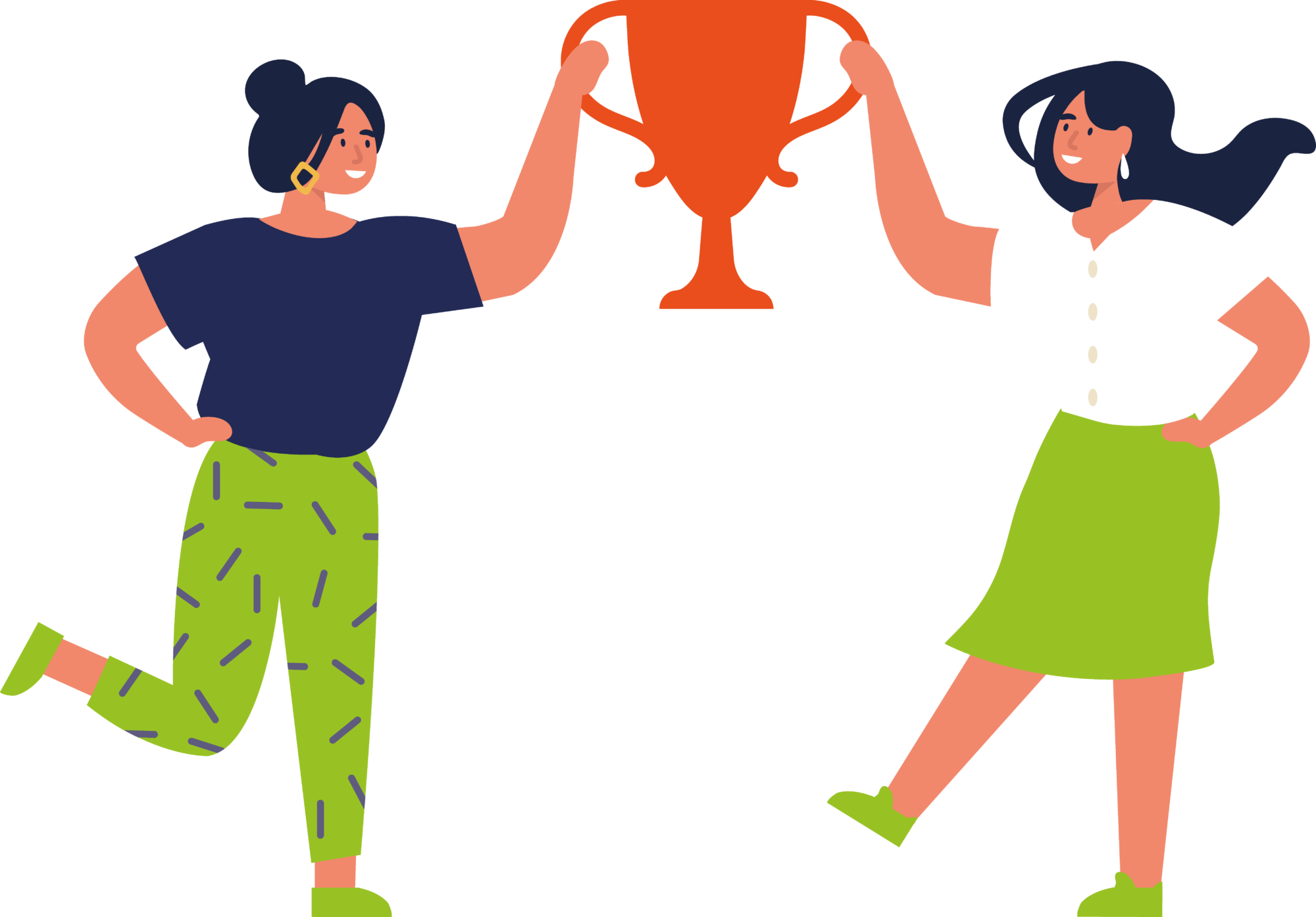 ilustração de duas mulheres com roupas azul, verde e branco, segurando um trofeu