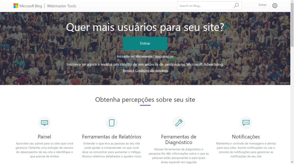 print tela inicial Bing Webmaster Tools