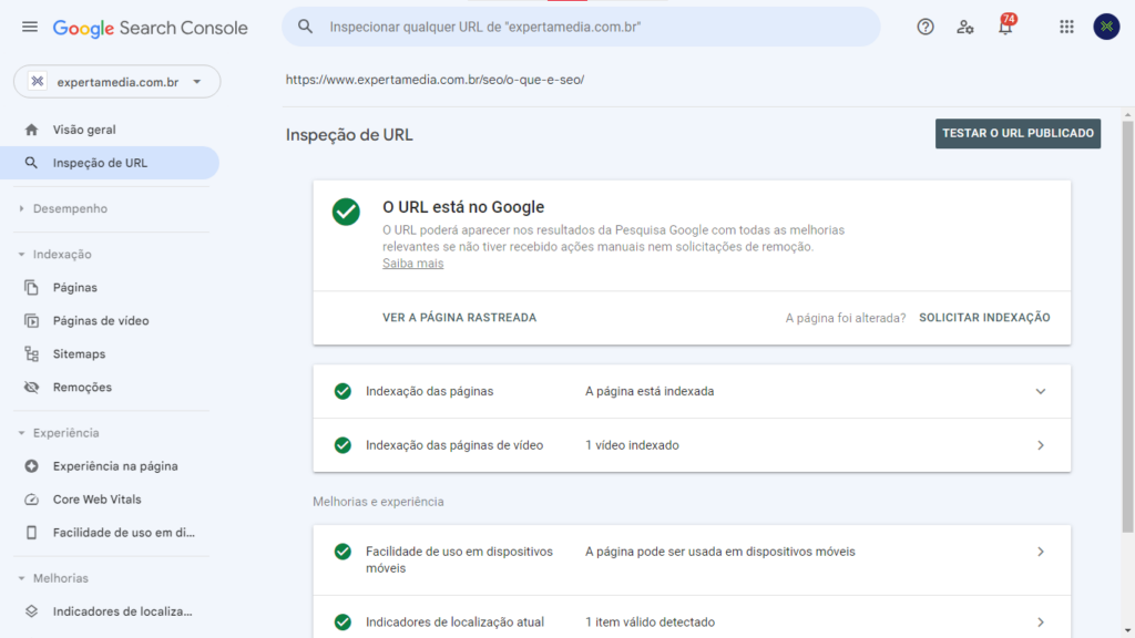 print inspeção de url google search console