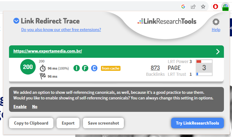 print extensão Link Redirect Trace