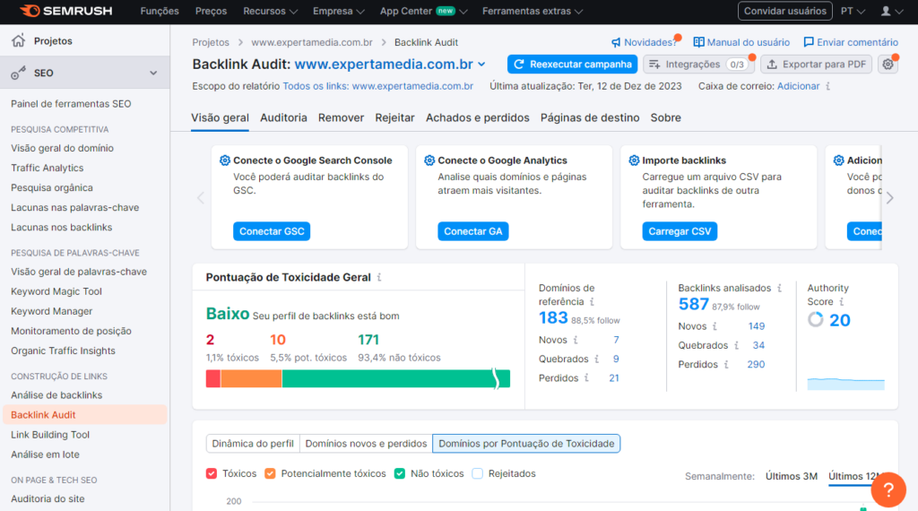 print painel de auditoria de backlinks do semrush