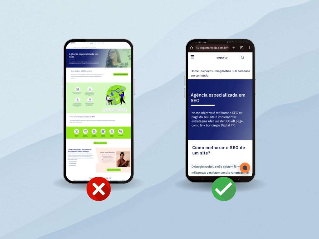 versão mobile incorreta e correta da página, feita com SEO técnico