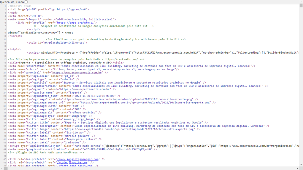 print código fonte do site experta com a indicação de meta tags