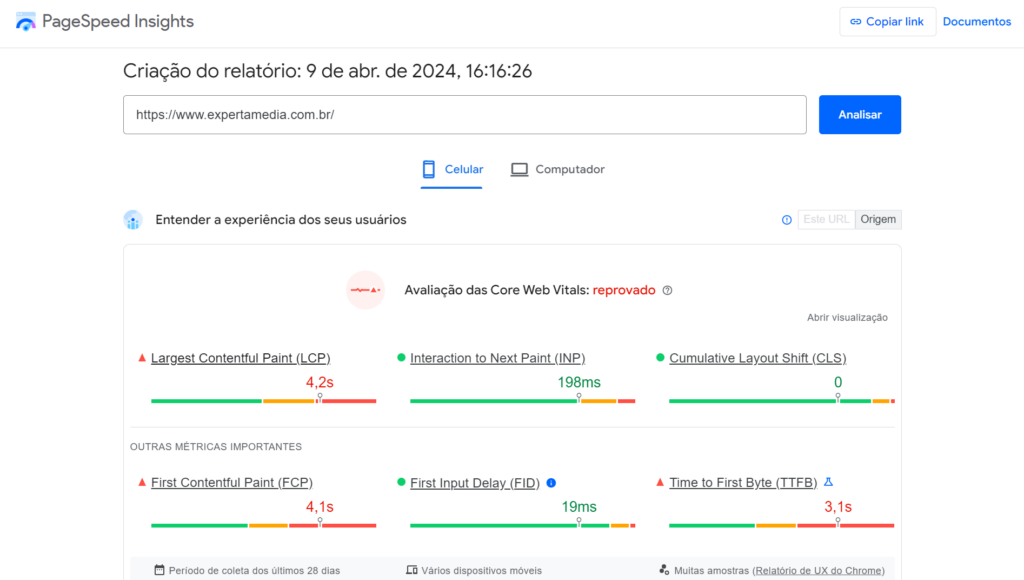 print de uma análise do google pagespeed insights