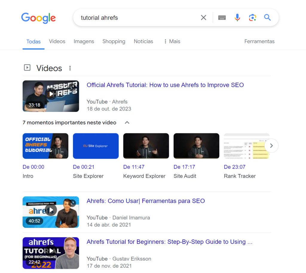 exemplo de como os videos aparecem na serp do google