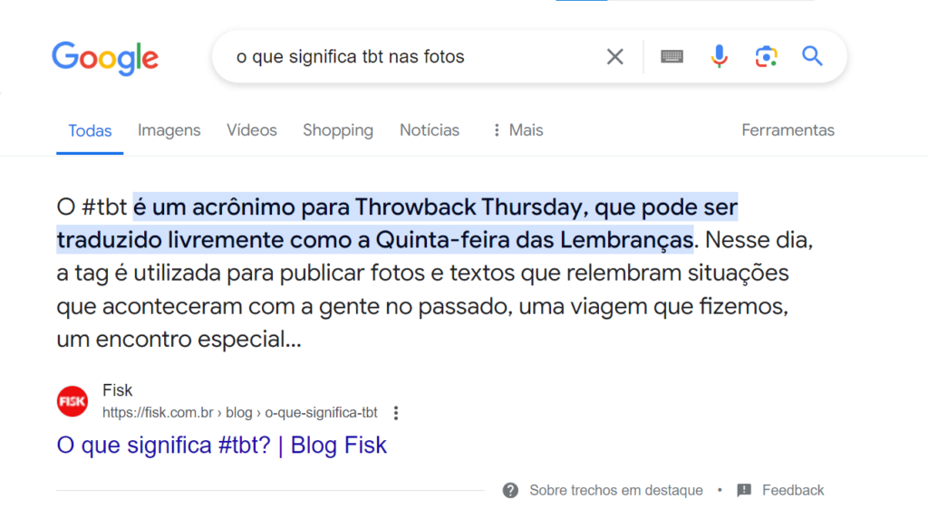 exemplo de featured snippet na serp do google