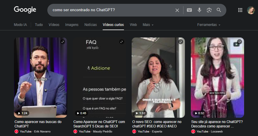Aba de Vídeos curtos do Google sobre ChatGPT e SEO.