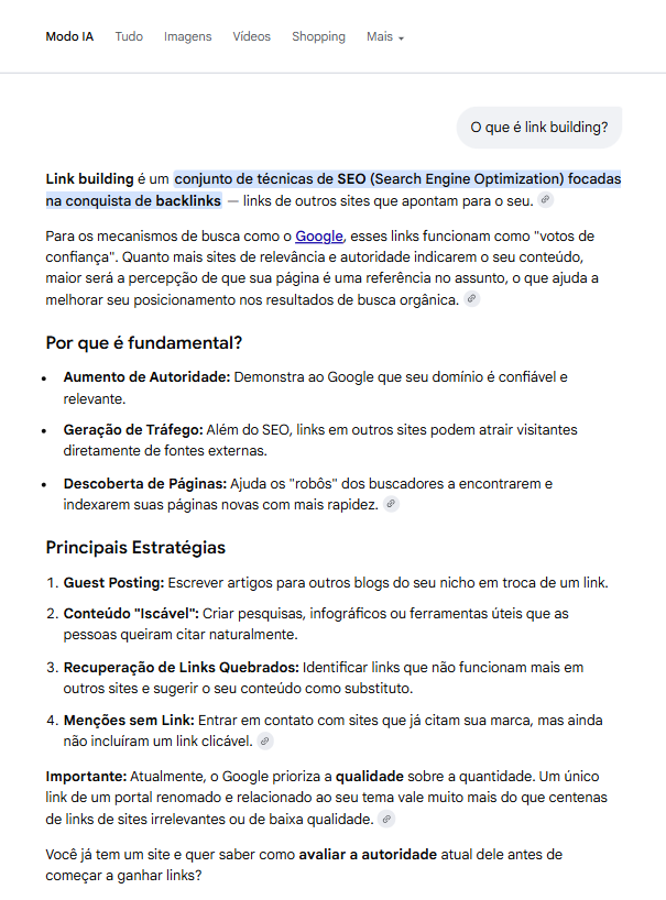 Texto sobre link building em SEO.