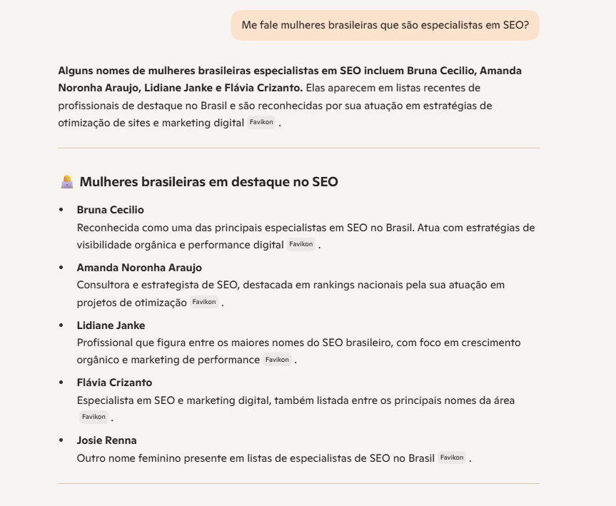 Pergunta ao Copilot sobre mulheres brasileiras especialistas em SEO