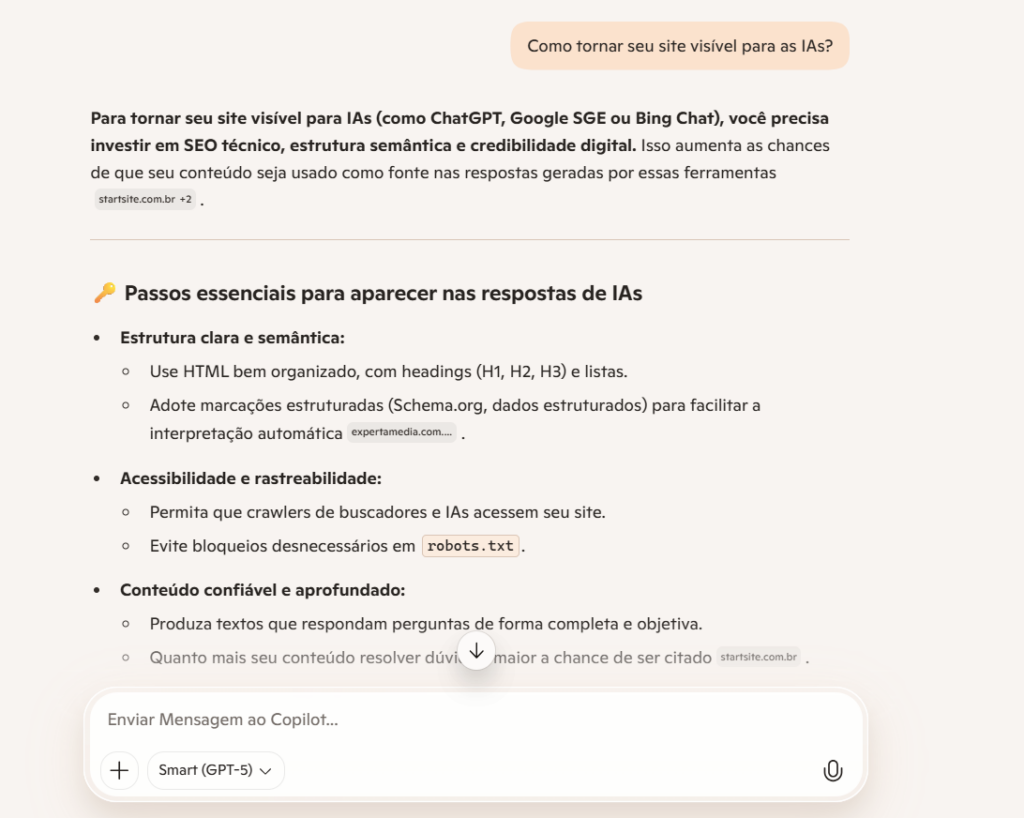 Site da Experta aparece como referência ao explicar como tornar um site visível para inteligências artificiais