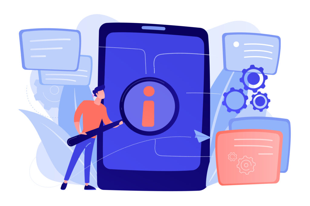 Ilustração de usuário buscando informações em um guia digital